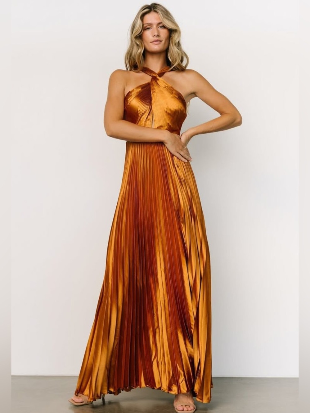 Baltic Born Sandra Pleated Maxi Dress Copper Womens Large NEW Tie Back Formal